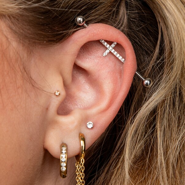 Barra industriale a croce in acciaio chirurgico Blue Banana con cristalli (argento) | Gioielli per piercing