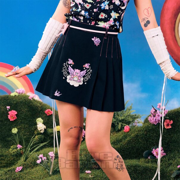 Hell Bunny X Care Bear Cheer Bear Pleated Mini Skirt (Black) | Alternative Fashion, Goth Clothing