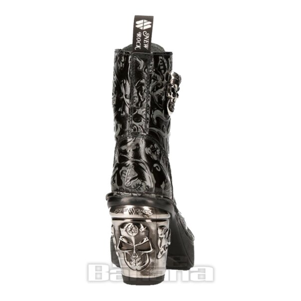 New Rock M.8358-S1 Skull Heel Black Boots, Vintage Flower Footwear