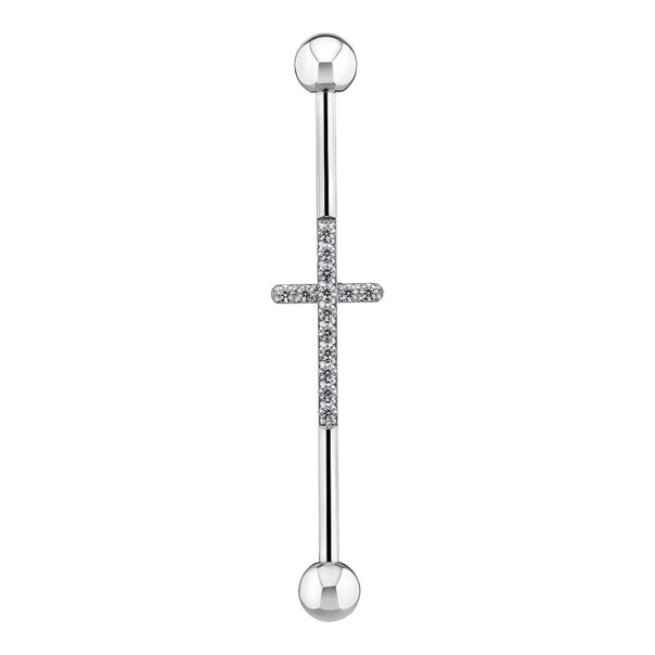 Barra industriale a croce in acciaio chirurgico Blue Banana con cristalli (argento) | Gioielli per piercing