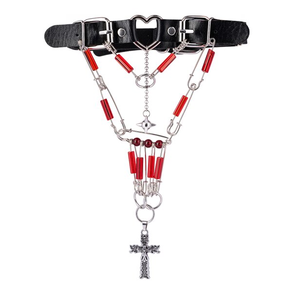 Spille a forma di banana blu, pietre rosse e girocollo a croce (nero) | Accessori alternativi