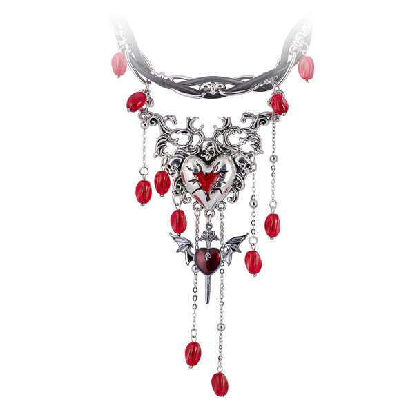 Collana con teschio, cuore e perline rosse a forma di banana blu (argento) | Accessori alternativi
