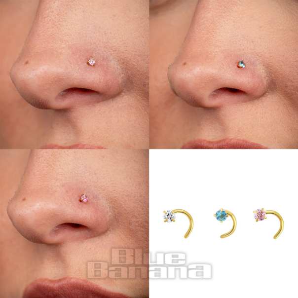 Blue Banana Pvd Gold 3 Pack Assorted Jewelled  Nose Stud (Gold/Multicoloured)| Body Piercing Jewellery