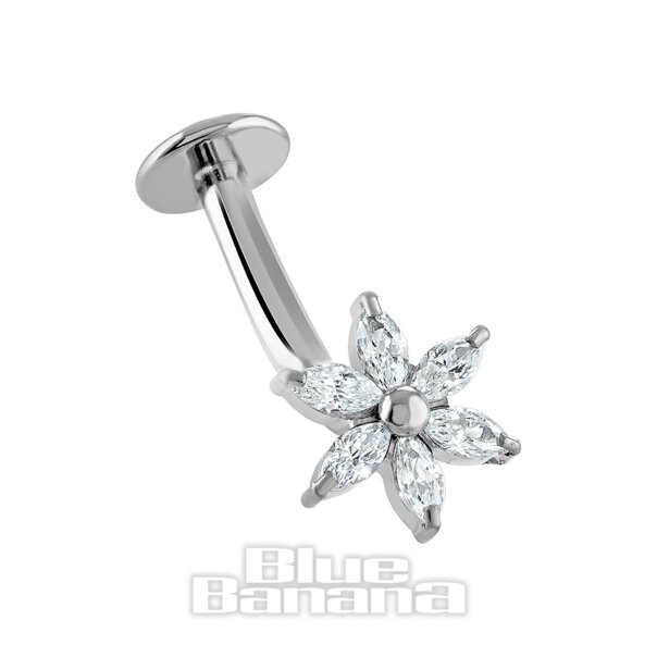 Blue Banana poliertes Titan 1,6 x 12 mm Blumen-Bauchnabelpiercing ohne Gewinde (Silber) | Körperpiercing-Schmuck