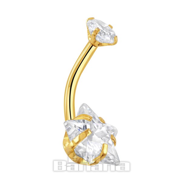 Blue Banana - Barretta per ombelico a forma di stella in acciaio chirurgico con zirconi cubici (oro) | Gioielli per piercing