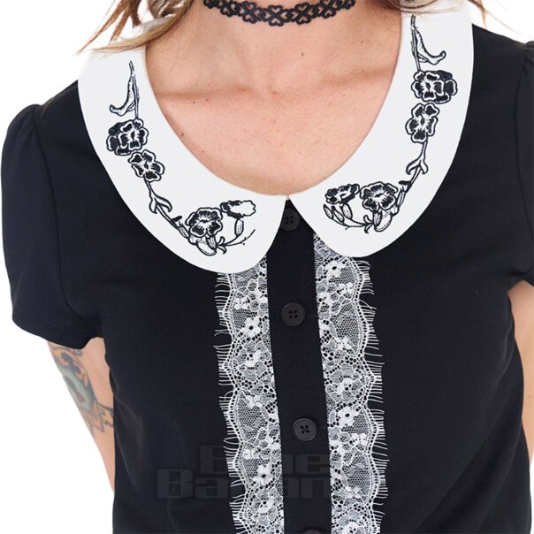 Jawbreaker Embroidered Collar Mini Dress (Black/White) | Alternative Fashion, Goth Clothing