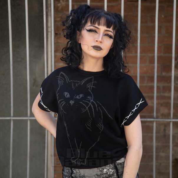Jawbreaker Oversized Cat Knit Top (Black) | Alternative Fashion, Goth Clothing