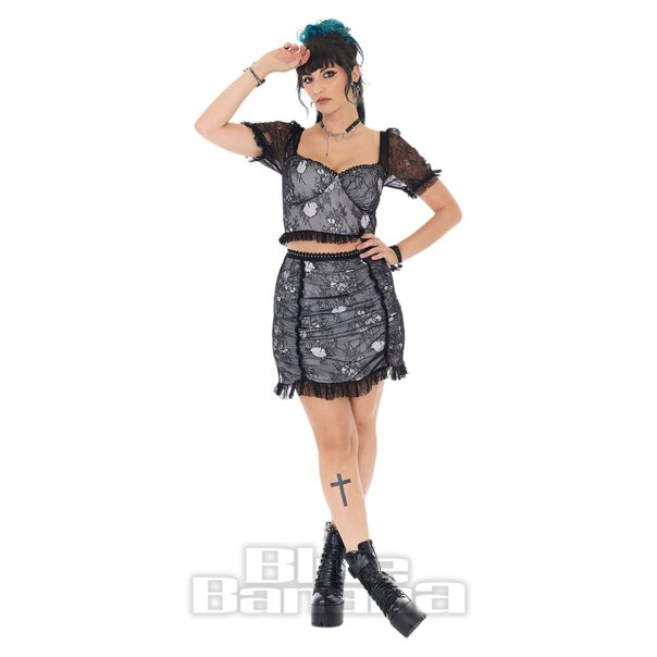 Jawbreaker Puff Sleeve Lace Crop Top (Black/White) | Alternative Fashion, Goth Clothing