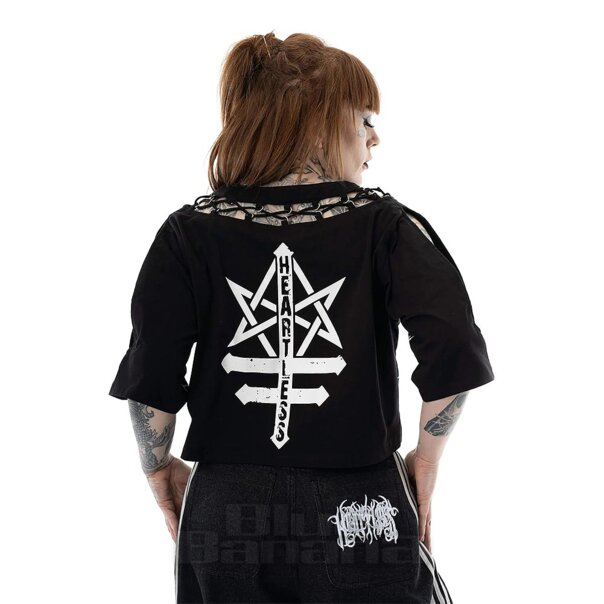 Heartless Ouija Spirit Bat Open Sleeve Crop Top (Black) | Blue Banana