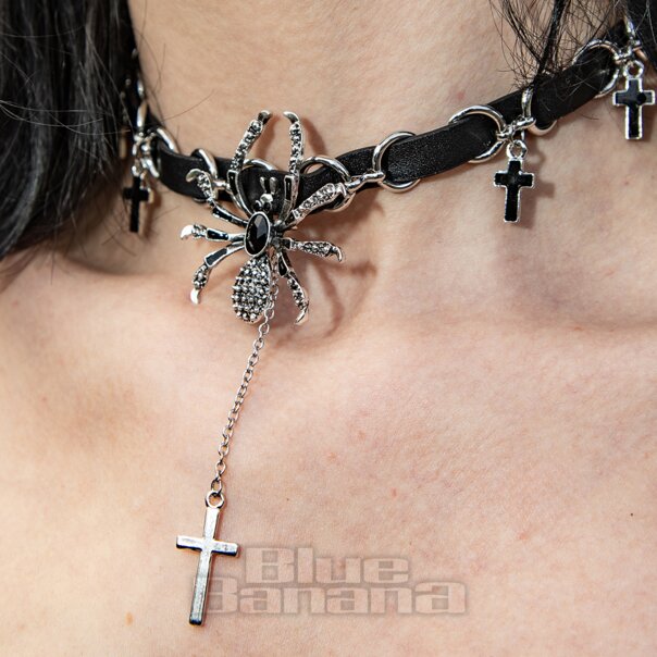 Blue Banana Spinnen Und Kreuze Halsband (Schwarz/Silber) | Blue Banana
