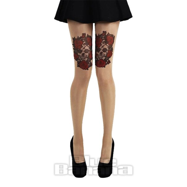 Blaue Bananenstrumpfhose mit Totenkopf und Rosen (Schwarz-Rot) | Blaue Banane