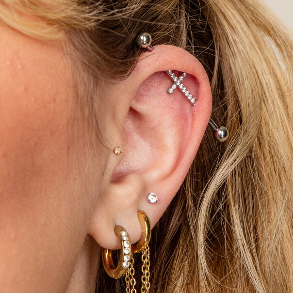 Barra industriale a croce in acciaio chirurgico Blue Banana con cristalli (argento) | Gioielli per piercing