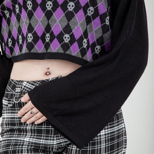 Banned Skull Argyle Crop Jumper (Black/Purple) | Banned Alternative Clothing