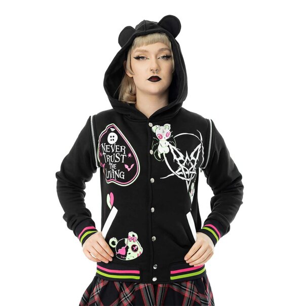 Giacca stile college Heartless Hex Bear (nera) | Abbigliamento gotico