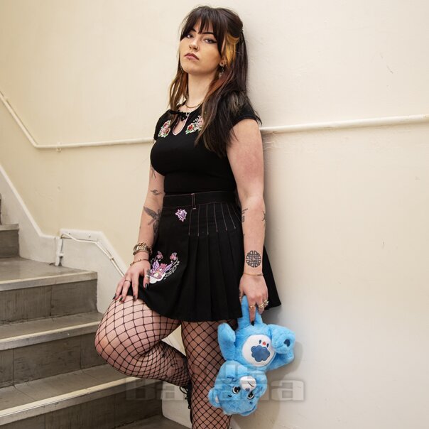 Hell Bunny X Care Bear Cheer Bear Pleated Mini Skirt (Black) | Alternative Fashion, Goth Clothing