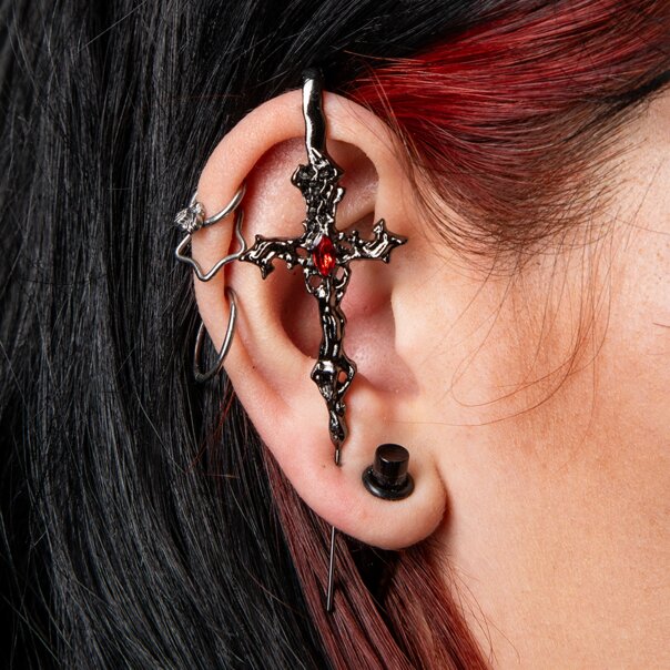 Pendiente de oreja con cruz de plátano azul (plateado) | Moda alternativa, ropa gótica
