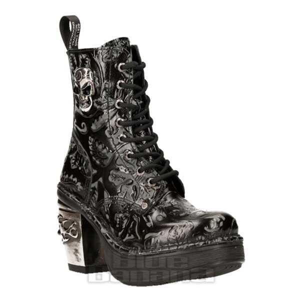New Rock M.8358-S1 Skull Heel Black Boots, Vintage Flower Footwear