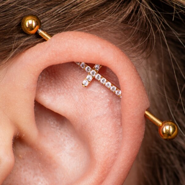 Blue Banana Surgical Steel Cross Crystal Industrial Bar (Gold) | Piercing Jewellery