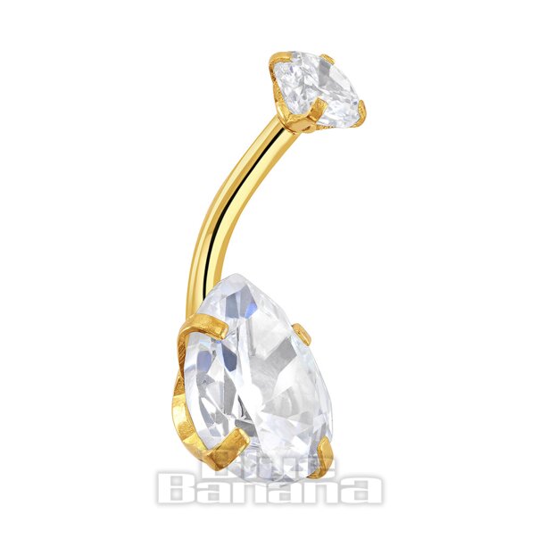 Blue Banana - Barretta per ombelico a forma di goccia in acciaio chirurgico con zirconia cubica (oro) | Gioielli per piercing