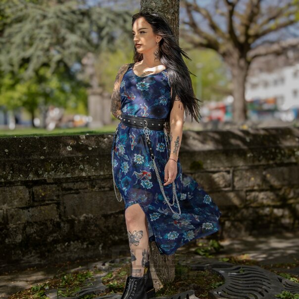 Jawbreaker Flower Koi Mesh Midi Dress (Navy) | Alternative Fashion, Goth Clothing