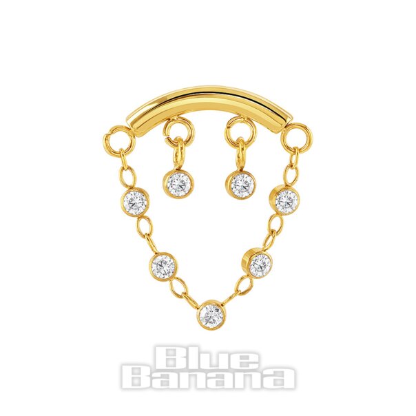 Blue Banana Plasma Gold 1,2 x 8 mm Bar Double Drop Chain Threadless Labret (Gold)| Körperpiercing-Schmuck
