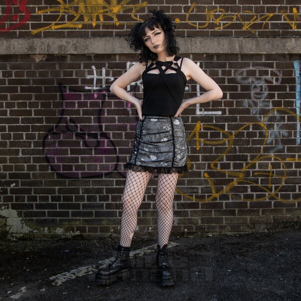 Jawbreaker Ruched Lace Mini Skirt (Black/White) | Alternative Fashion, Goth Clothing