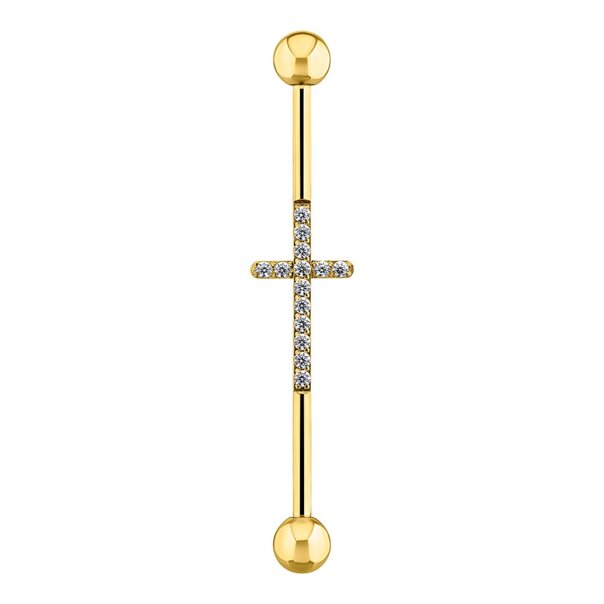 Barra industrial de acero quirúrgico con cruz de cristal Blue Banana (dorada) | Joyería para piercings