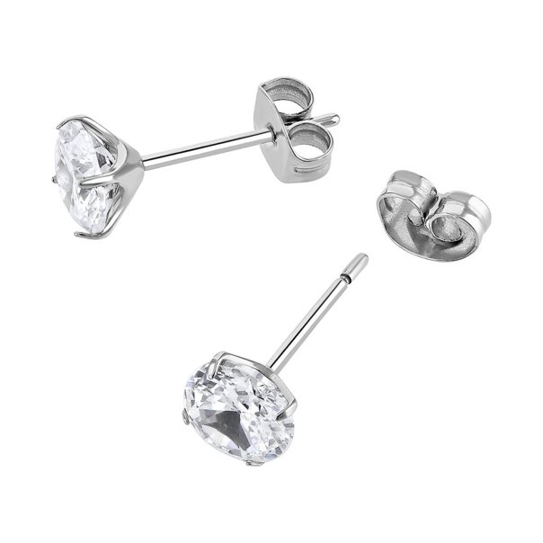 Blue Banana Polished Titanium Round Crystal Stud Earrings (Clear Crystal) | Blue Banana
