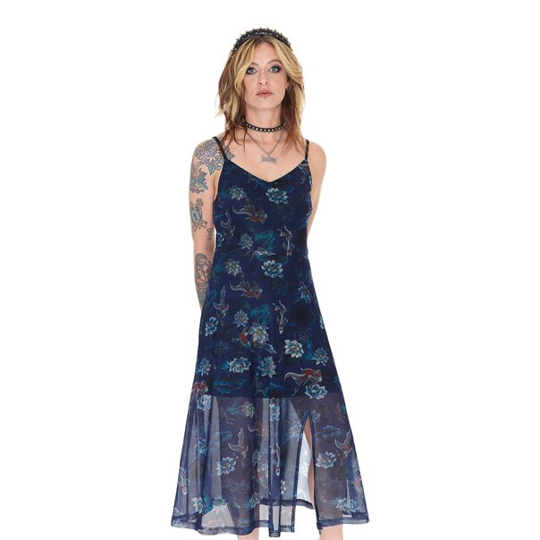 Jawbreaker Flower Koi Mesh Midi Dress (Navy) | Alternative Fashion, Goth Clothing