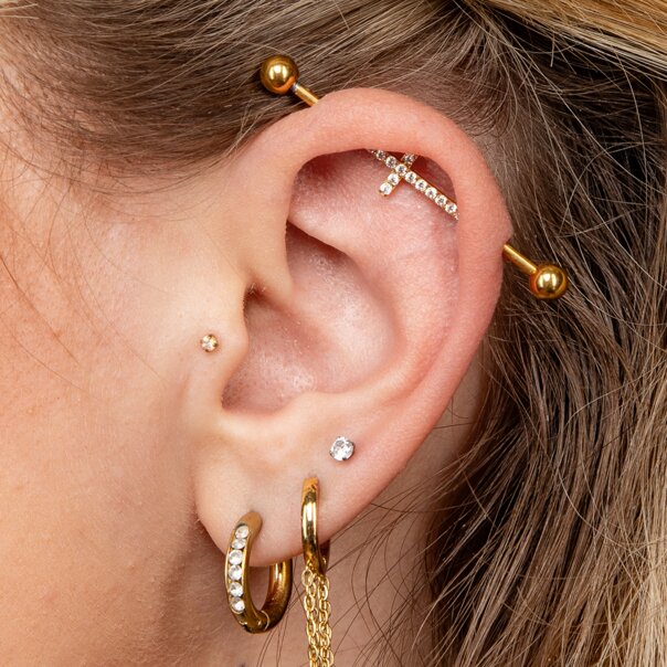 Barra industrial de acero quirúrgico con cruz de cristal Blue Banana (dorada) | Joyería para piercings