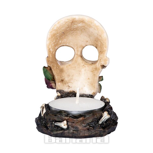 Teelichthalter „Something Different“ mit Totenkopf-Rosenmotiv (weiß) | Blue Banana