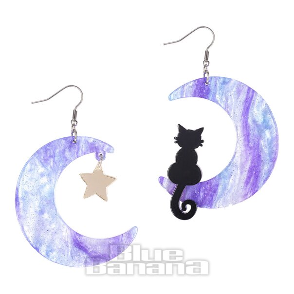 Blue Banana Gato Y Luna Pendientes (Negro/Púrpura) | Blue Banana