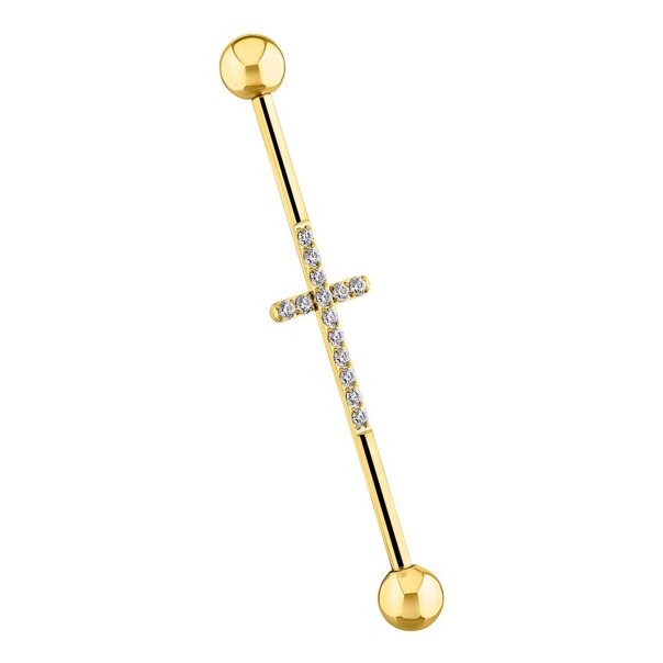 Barre industrielle en acier chirurgical Blue Banana avec croix et cristal (dorée) | Bijou de piercing