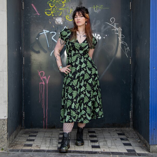 Hell Bunny Gaia Midi Dress (Black/Green) | Alternative Fashion, Goth Clothing