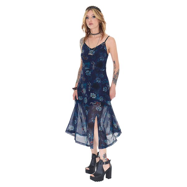 Jawbreaker Flower Koi Mesh Midi Dress (Navy) | Alternative Fashion, Goth Clothing