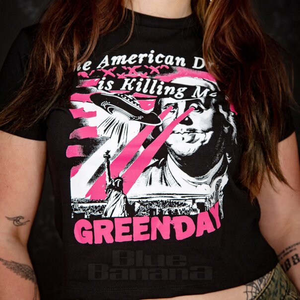 Green Day Offizieller Amerikanischer Traum Crop-T-Shirt (Schwarz) | Blue Banana