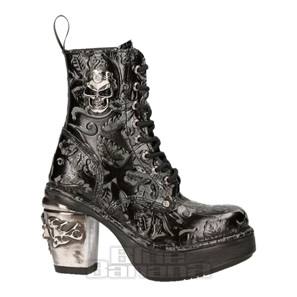 New Rock M.8358-S1 Skull Heel Black Boots, Vintage Flower Footwear