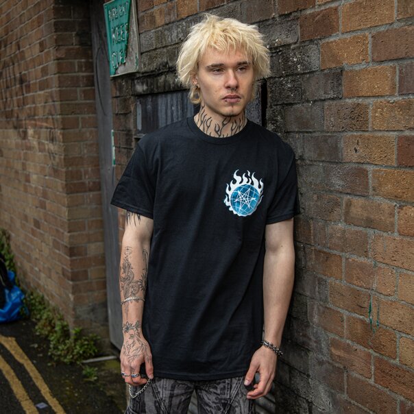 Official Bring Me The Horizon Blue Flame Globe T Shirt (Black) | Official Band Merchandise US
