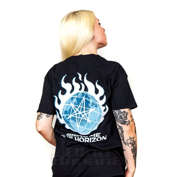 Official Bring Me The Horizon Blue Flame Globe T Shirt | BMTH Band Merch