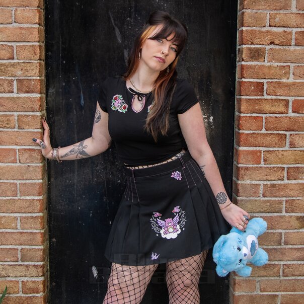 Hell Bunny X Care Bear Cheer Bear Pleated Mini Skirt (Black) | Alternative Fashion, Goth Clothing