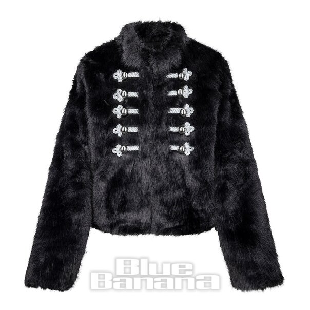 Blue Banana Faux Fur Military Jacket (Black/Silver) | Blue Banana