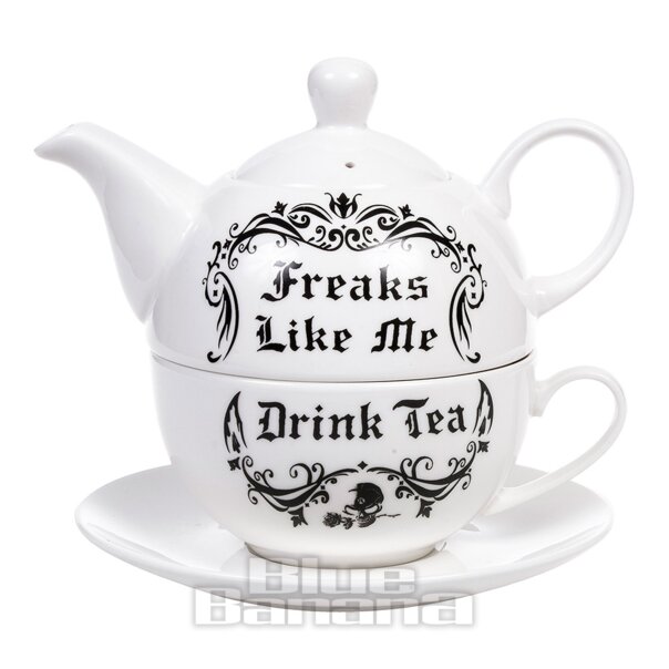 Alchemy Juego de Tetera y Taza Con Plato Freaks Like Me Drink Tea (Blanco)