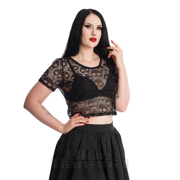 Banned Lace Skull Kurzarm Top (Schwarz)