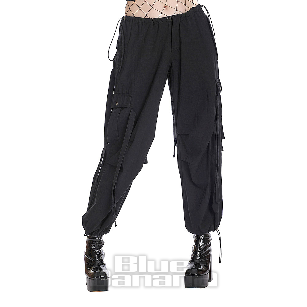 【BAON】[unisex] Belsey String Pocket Banding Pants Banned Strappy Pocket Black Trousers | Grunge Trousers