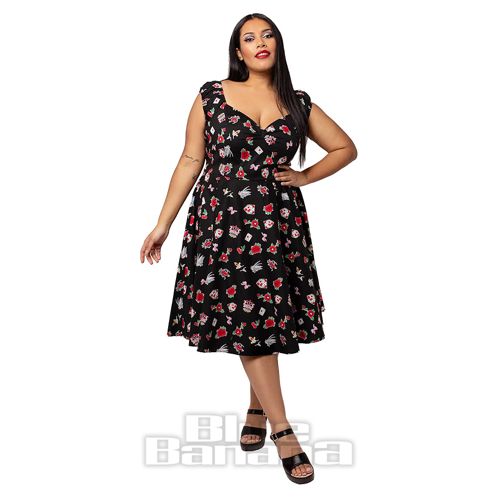 strapless open back dress Knee Length Navy Pinstripe Costello Dress by Hell Bunny – Modern Millie main image 1