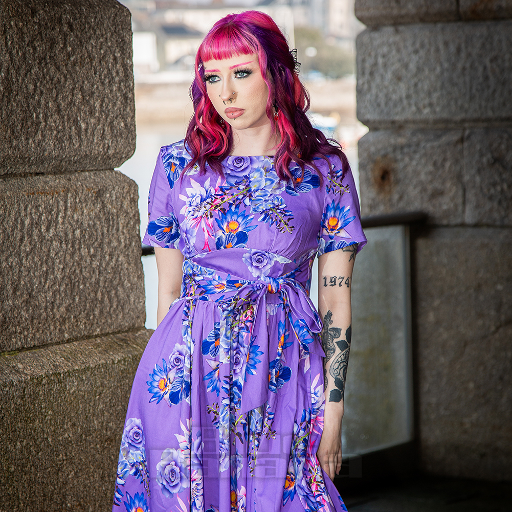 Bleeding Heart Floral Swing Dress (Purple) | Blue Banana