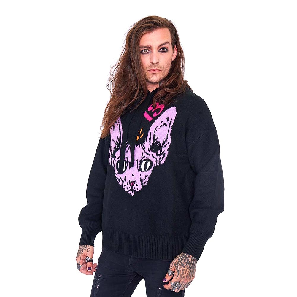 Jawbreaker Intarsia Cat Oversized Knitted Hoodie (Black) | Blue Banana