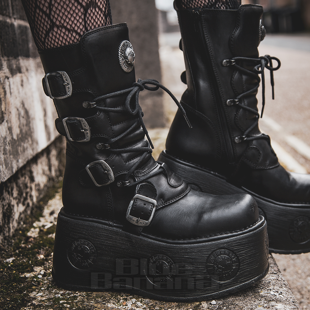 New Rock M.1473-S3 Space Black Platform Boots, Gothic Metallic Shoes