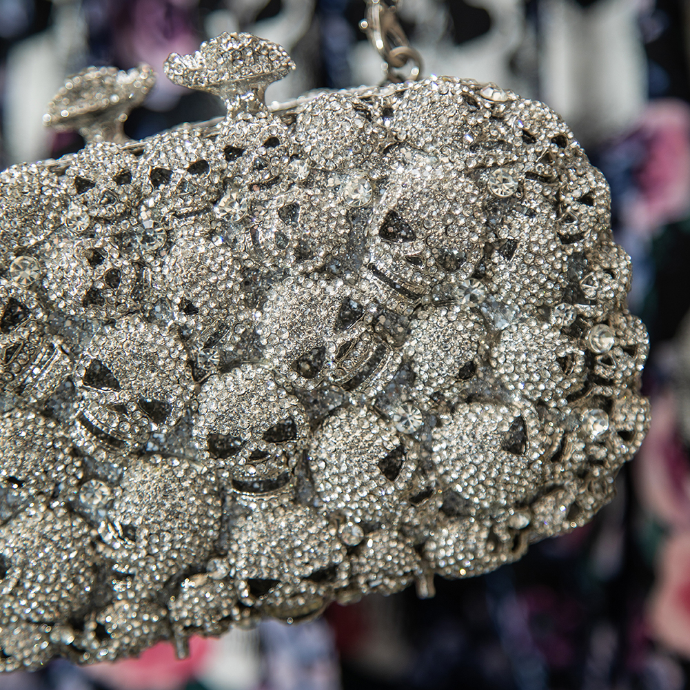 Blue Banana Silver Crystal Encrusted Skulls Handbag - Gothic Skull Bag