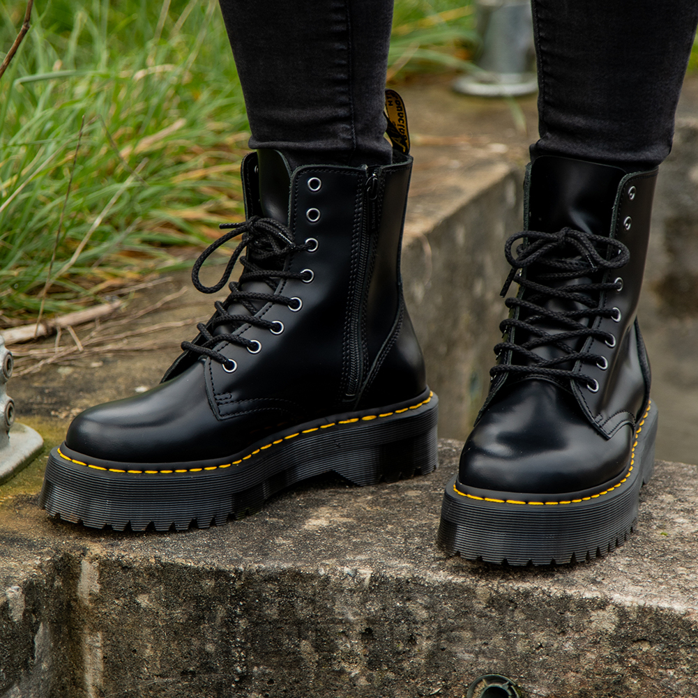 Dr Martens Black Jadon Polished Boots, Quality Leather Platform Boots